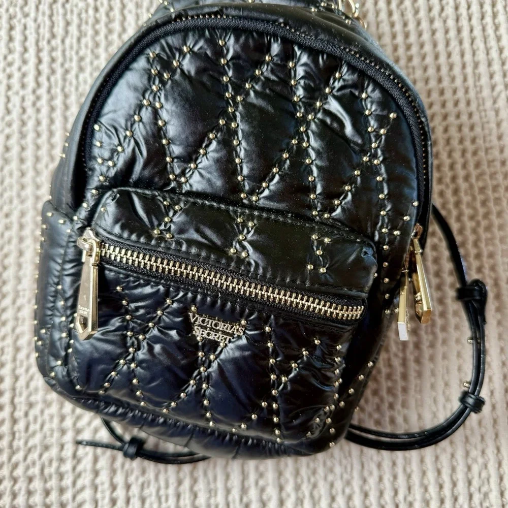Victoria's Secret Mini Backpack Black Quilted Nylon Gold Studded Small Bag - Picture 1 of 12
